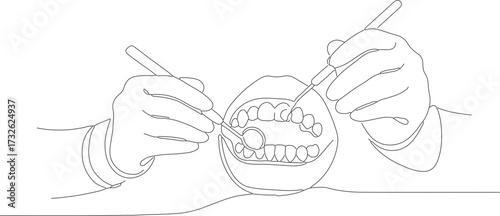 Continuous Line Oral Examination by Dentist Hands Dental Clinic Illustration