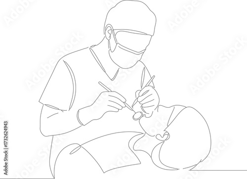 Continuous Line Art Dentist Examining Patient Mouth in Clinic Illustration