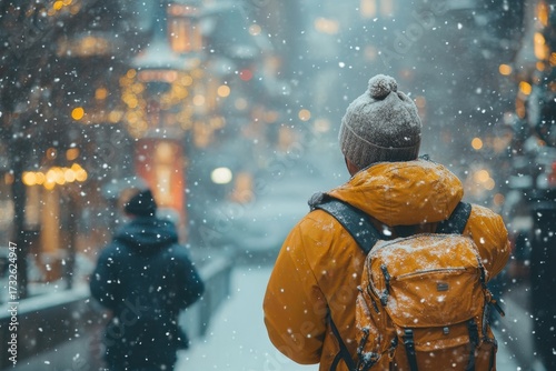 Person walking down snowy street.