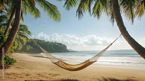 A hammock hangs between two palm trees on a tropical beach overlooking a tranquil, cloudy ocean scene