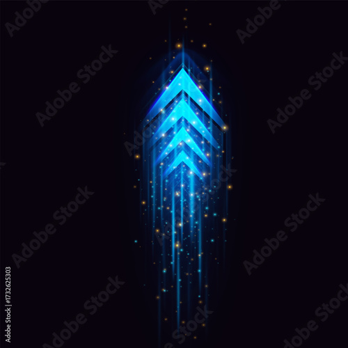 Speed rush arrows blue neon glow, vector light trails speed dynamic arrow on dark, sci-fi design acceleration effect