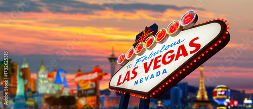 Welcome To Fabulous Las Vegas Sign With Beautiful City Lights at Sunset