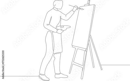 Minimalist Continuous Line Drawing Artist Painting on Canvas with Easel