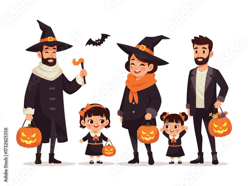 A Spooky Family Gathering: A joyful family, all dressed up in fun Halloween costumes, stands together, each carrying a carved pumpkin bucket.