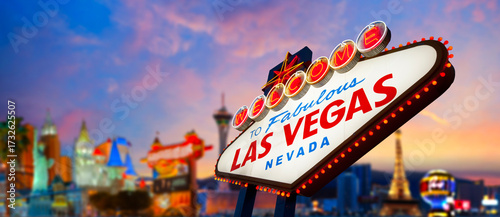 Welcome To Fabulous Las Vegas Sign With Beautiful City Lights at Sunset