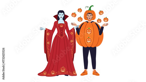 Halloween Characters Duo: Capturing the spooky spirit with an elegant vampire and an amusing pumpkin character, these two figures stand together, embodying the festive energy of Halloween night.
