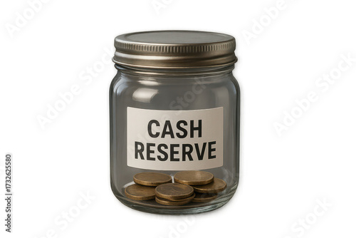 Savings jar with cash reserve label isolated on transparent background