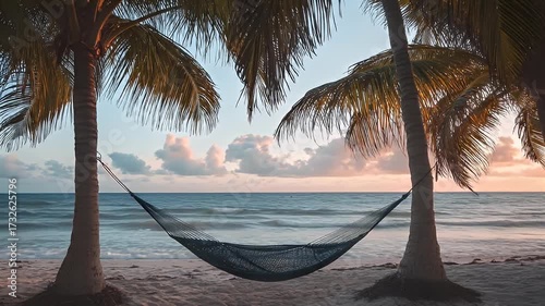 A hammock sways between two palm trees on a tropical beach, ocean and light-colored sky in the background