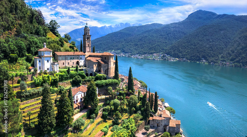  Switzerland tourism, picturesque lake Lugano canton Ticino. Morcote is one of the most beautiful villages, panoramic view