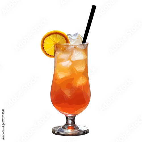 Aperol Spritz cocktail, Venetian, orange, lemon wedge, black straw, ice, aperitif, png, illustration, object, on a transparent background, drink, cafe, bar, restaurant, summer