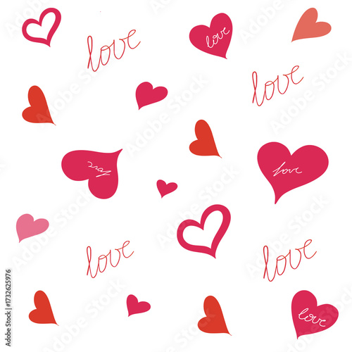 Valentine's Day pattern hearts pink red word love cute tender png illustration holiday February feelings design, packaging, wallpaper, textile, on a transparent background