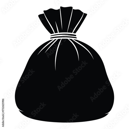 Simple black silhouette of a full drawstring bag or sack filled with contents ready for transport silhouette