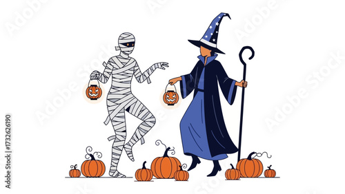 Halloween Costumes Illustration: A whimsical illustration showcasing a mummy and a witch, adorned with jack-o'-lanterns amid pumpkins, captures the essence of Halloween. 