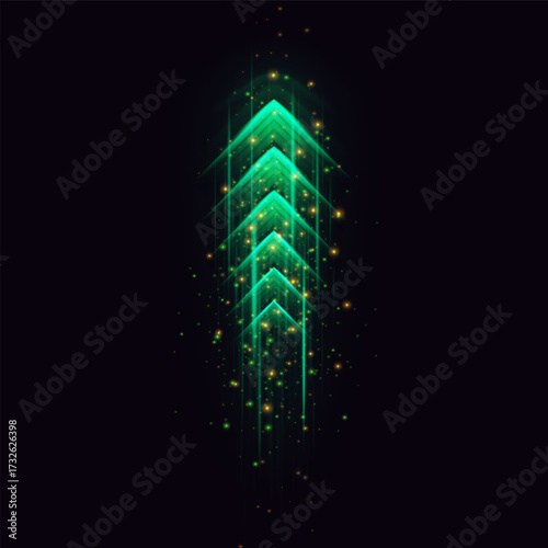 Speed rush arrows green neon glow, light trails speed dynamic arrow on dark, sci-fi vector design acceleration effect