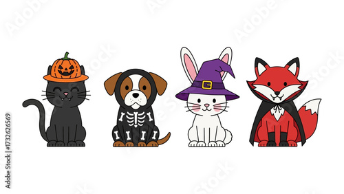 Halloween Cuties' Gathering: A delightful quartet of adorable pets – a sleek black cat, a charming beagle, a cute bunny, and a sly fox – dressed in whimsical Halloween costumes.