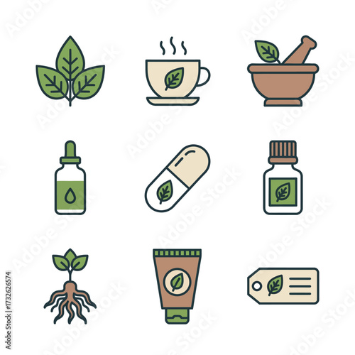 Natural remedies and herbal treatment icons for organic health care