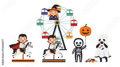 Halloween Amusement Park: Spooky characters ride amusement park rides like a Ferris wheel and carousel, amidst festive decorations of a jack-o'-lantern balloon, ready for a night of Halloween.