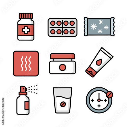 Healthcare and medicine flat line icon set with symbols for pills, treatments, pharmacy products, and dosage schedules