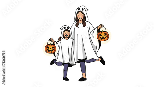 Halloween Ghostly Duo: A mother and child, adorned in whimsical ghost costumes, gleefully present a spooky and joyful spectacle of Halloween spirit. Holding carved pumpkin buckets.