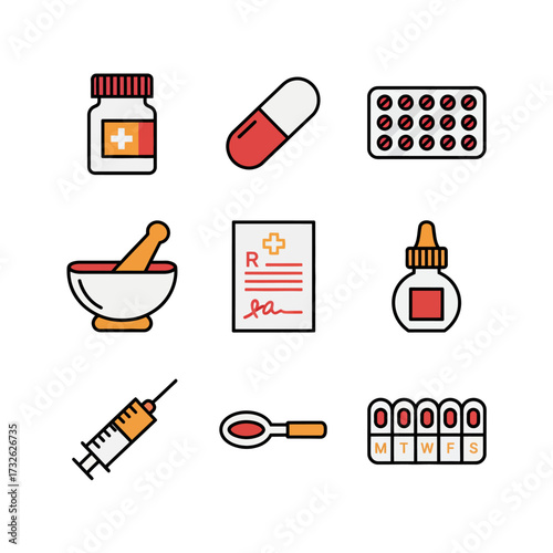 Modern flat line art vector icons for essential medical and pharmacy supplies. Features pills, prescriptions, syringes, and treatment tools for healthcare design