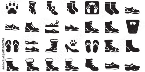 A black and white set of fashion footwear icons including high heel shoes, boots, and sneakers for men and women
