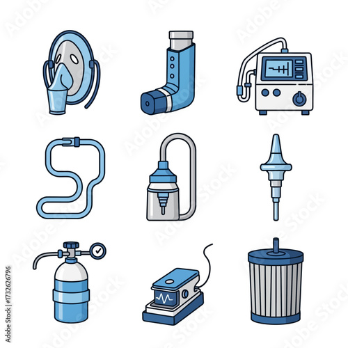 Medical Equipment Icons Nebulizers, Oxygen Tanks, and Respiratory Devices in a Vector Set