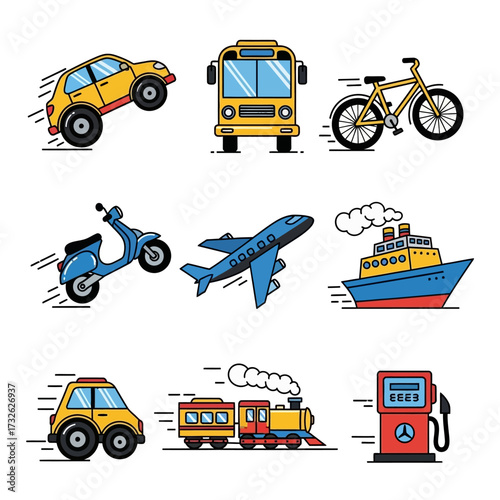 Transportation Icons A Colorful Collection of Vehicles for Travel and Logistics