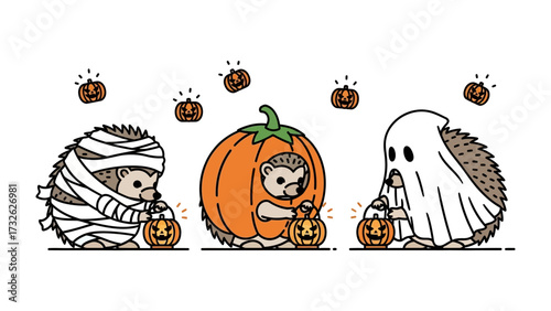 Halloween Hedgehog Trio: Three adorable hedgehog characters are dressed in creative Halloween costumes, a mummy, a pumpkin, and a ghost.