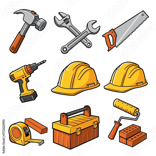 A collection of various construction and DIY tools including a hammer, wrenches, saw, drill, hard hats, toolbox, paint roller, bricks, and measuring tape