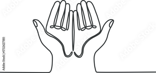 Minimalist continuous one line drawing of praying hands in a gesture of supplication and faith.