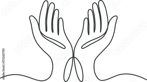 Minimalist continuous one line drawing of praying hands in a gesture of supplication and faith.