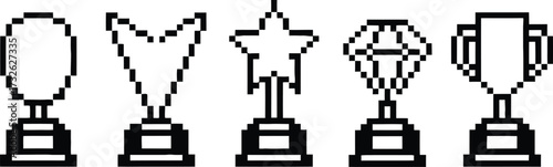 Collection of five simple trophy icons in a row on white background