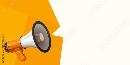 3d megaphone speaker or loudspeaker bullhorn for announce promotion with message bubble. Megaphone 3d mockup. Vector illustration