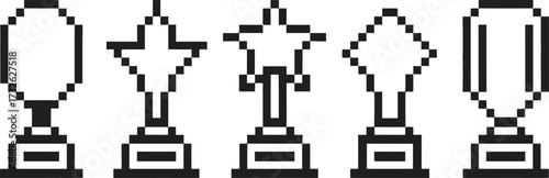 Pixel art trophies in a row on a white background