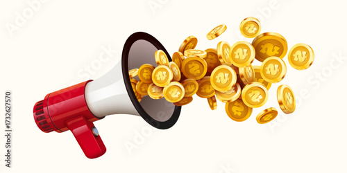 Megaphone broadcasting a shower of golden dollar coins, symbolizing financial news and lucrative offers. Vector illustration.
