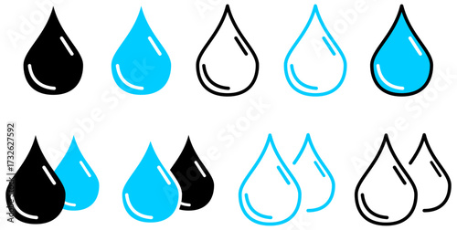 Water drops icons. Water drop shape. Blue and black water drops. Vector illustration.