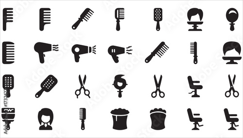 Vector set of black silhouettes of cosmetic icons, brushes, and hairdresser tools for salon design and illustration