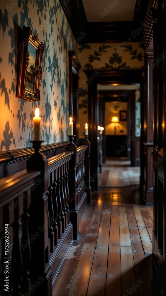 Fototapeta premium Haunted hallway candlelight illuminates dim corridor with wooden floors, floral wallpaper, and warm glowing candles. Concept of Halloween tranquility and inviting, peaceful ambiance.
