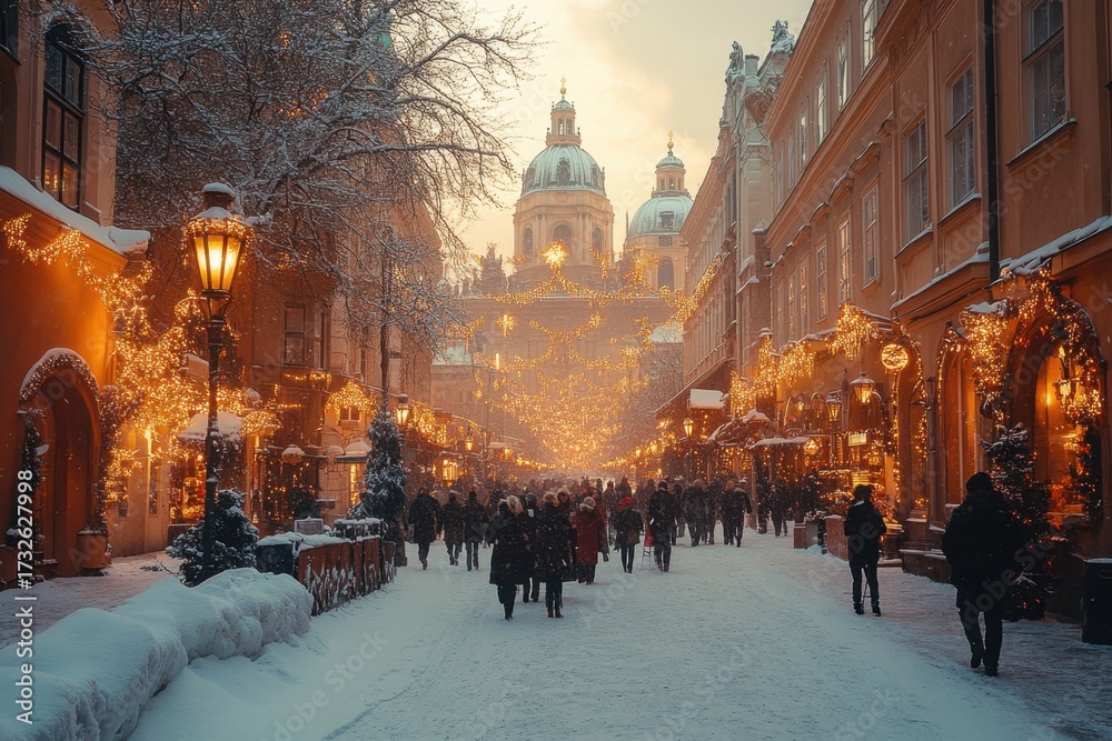 Obraz premium People ice skating in a snowy Stockholm cityscape.