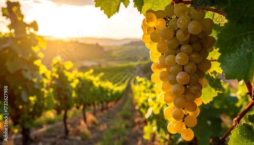 A sunlit image of a grapevine with ripening yellow grapes. In the background, vineyards stretch to the horizon at sunset