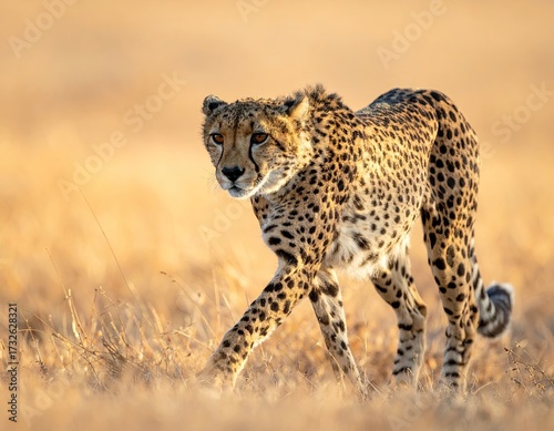 Cheetah Walking in Golden Grassland