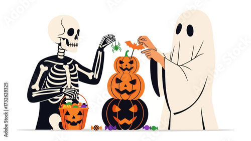 Spooky Assemblage: A skeletal figure and a spectral apparition collaboratively construct a grinning pumpkin tower adorned with whimsical Halloween elements, against a simple backdrop.