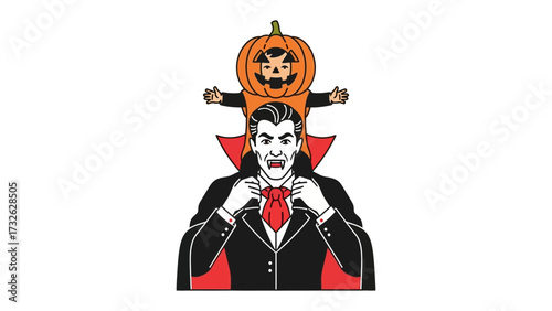 Spooky Costume Illustration: A playfully drawn Halloween illustration, featuring a vampire adjusting his bow tie, with a smiling pumpkin figure above him.
