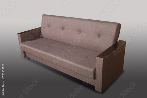 Isolated sofa bed with fabric upholstery on grey gradient background.
