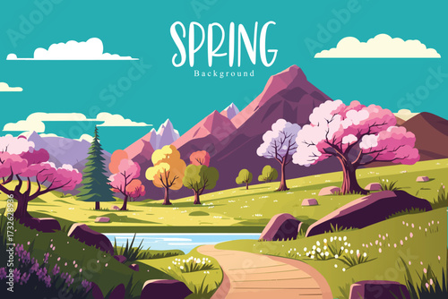 spring landscape with flowers and trees, amazing blue sky wallpaper vector illustration
