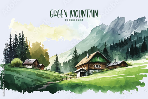 house on the green mountain watercolor vector wallpaper background illustration
