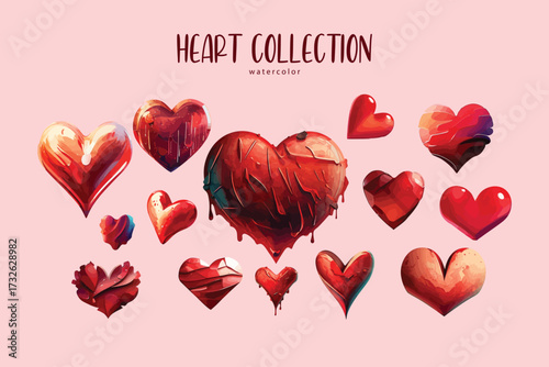 different red heart set collection vector love and wedding , watercolor in pink isolated background
