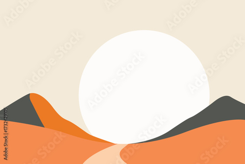 Minimalist abstract landscape illustration with orange hills, mountains, and large sun