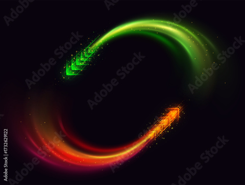 Speed rush two arrows circling around orange and green neon glowing, light dynamic curve arrow trails on dark background