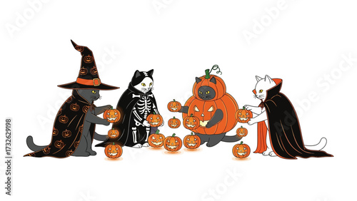 Halloween Cats: An array of adorable cats celebrate the spooky season. Each feline is dressed in unique costumes and surrounded by miniature pumpkins.